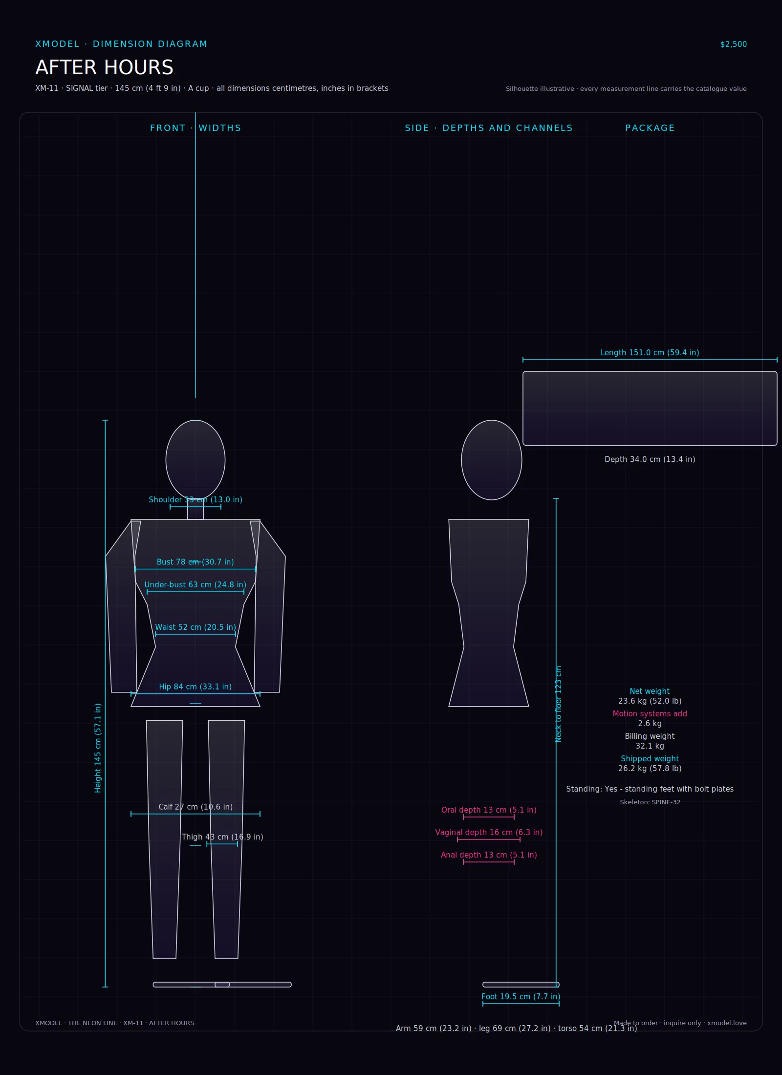 XMODEL AFTER HOURS XM-11 dimension diagram: front and side elevation with height, bust, under-bust, waist, hip, shoulder, arm, leg, thigh, calf, foot, neck, head and channel depths in centimetres and inches
