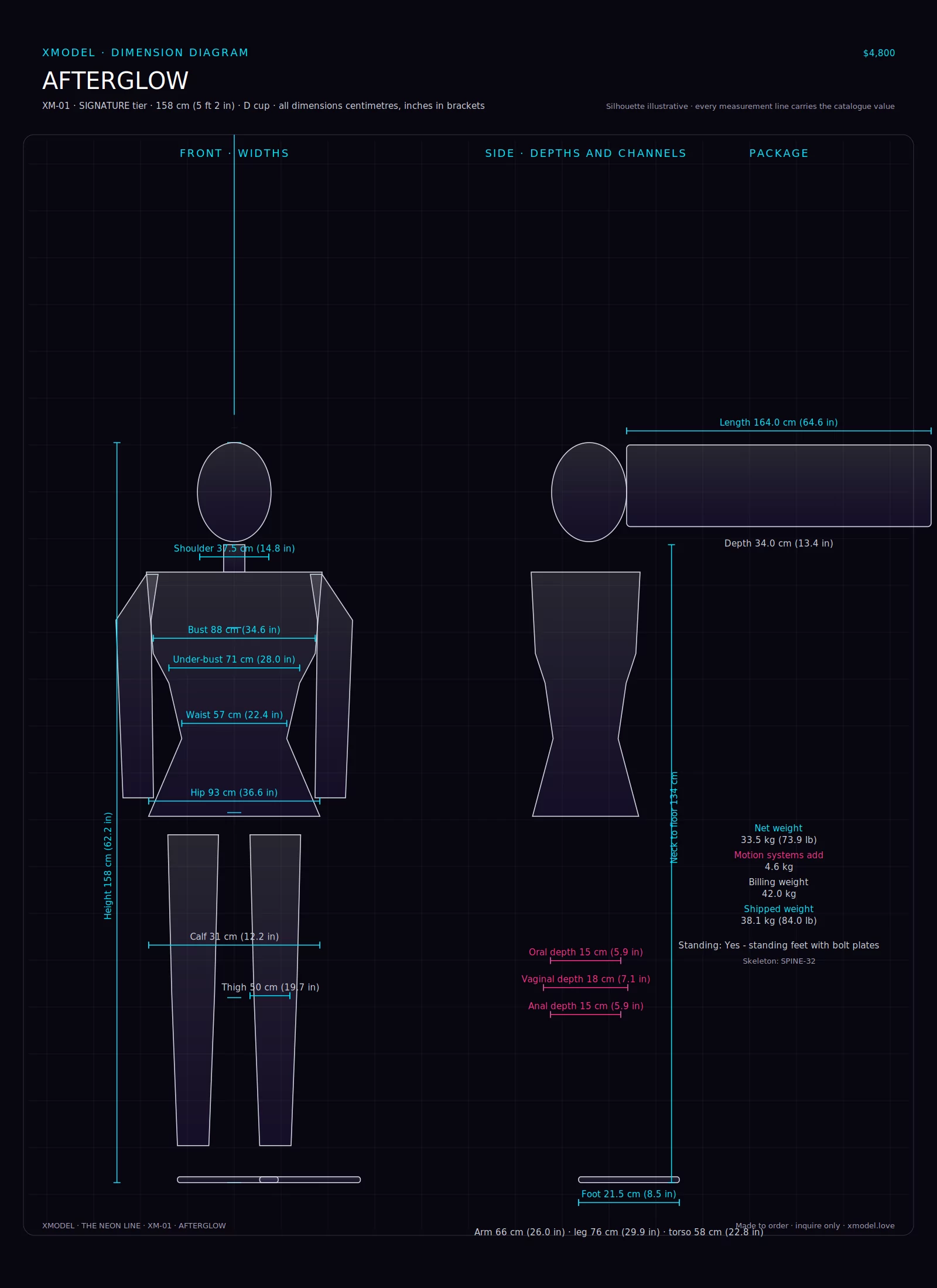 XMODEL AFTERGLOW XM-01 dimension diagram: front and side elevation with height, bust, under-bust, waist, hip, shoulder, arm, leg, thigh, calf, foot, neck, head and channel depths in centimetres and inches