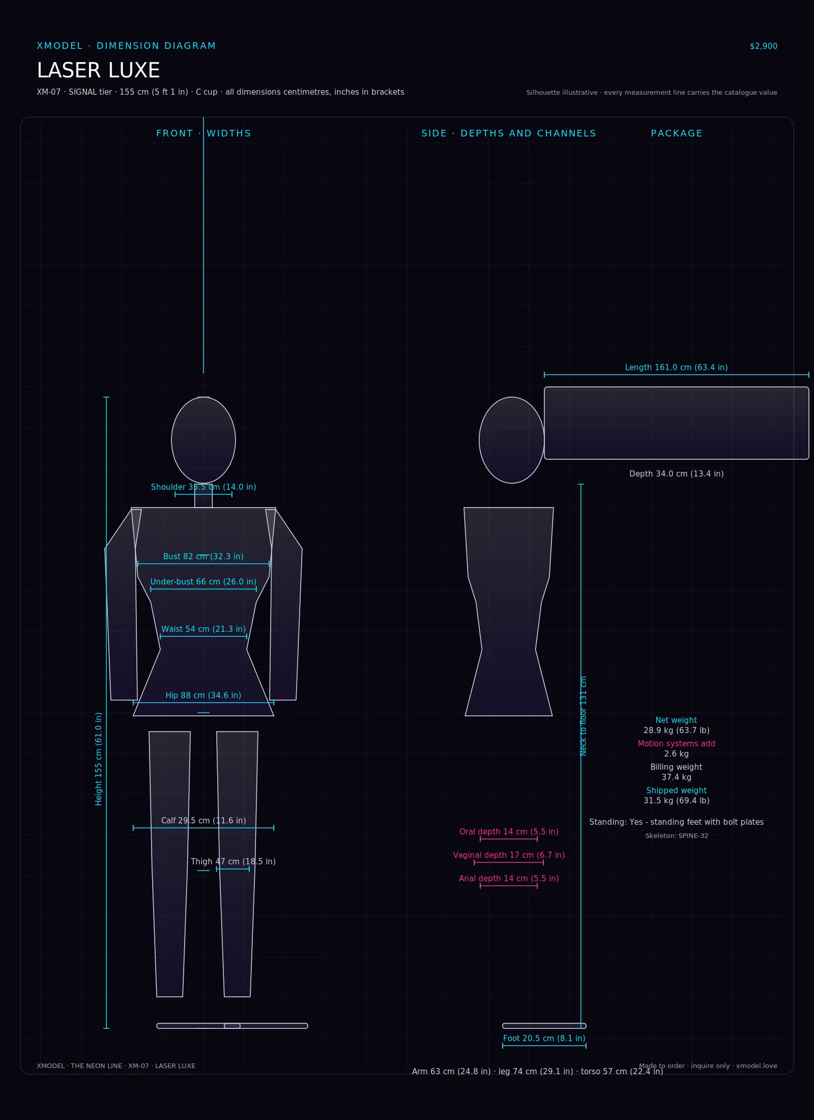 XMODEL LASER LUXE XM-07 dimension diagram: front and side elevation with height, bust, under-bust, waist, hip, shoulder, arm, leg, thigh, calf, foot, neck, head and channel depths in centimetres and inches