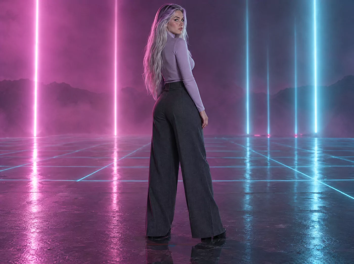HOLOGRAM — THE NEON LINE, 170 cm — three-quarter back against the horizon grid, frame 2 of 6