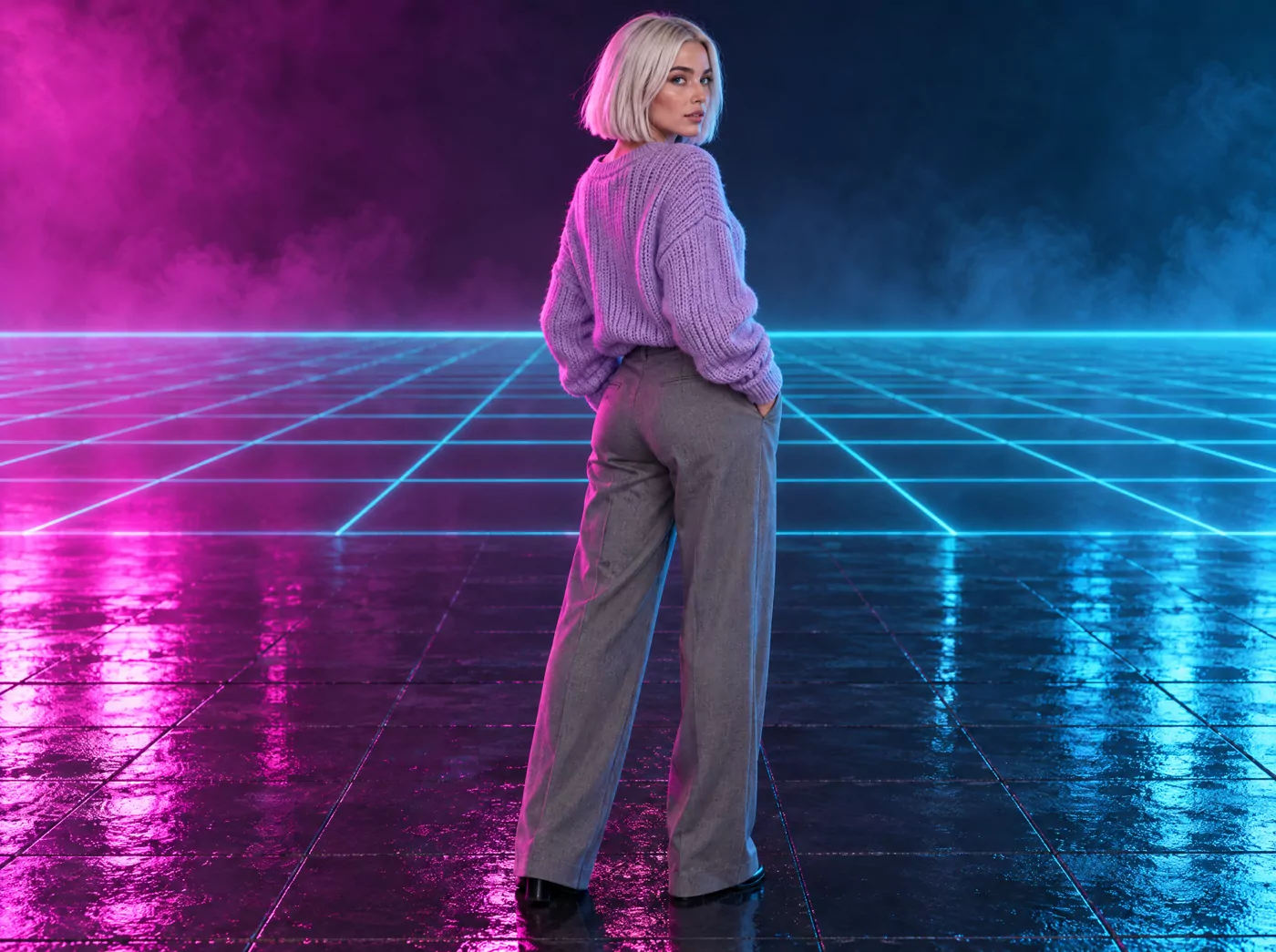 LASER LUXE — THE NEON LINE, 155 cm — three-quarter back against the horizon grid, frame 2 of 6
