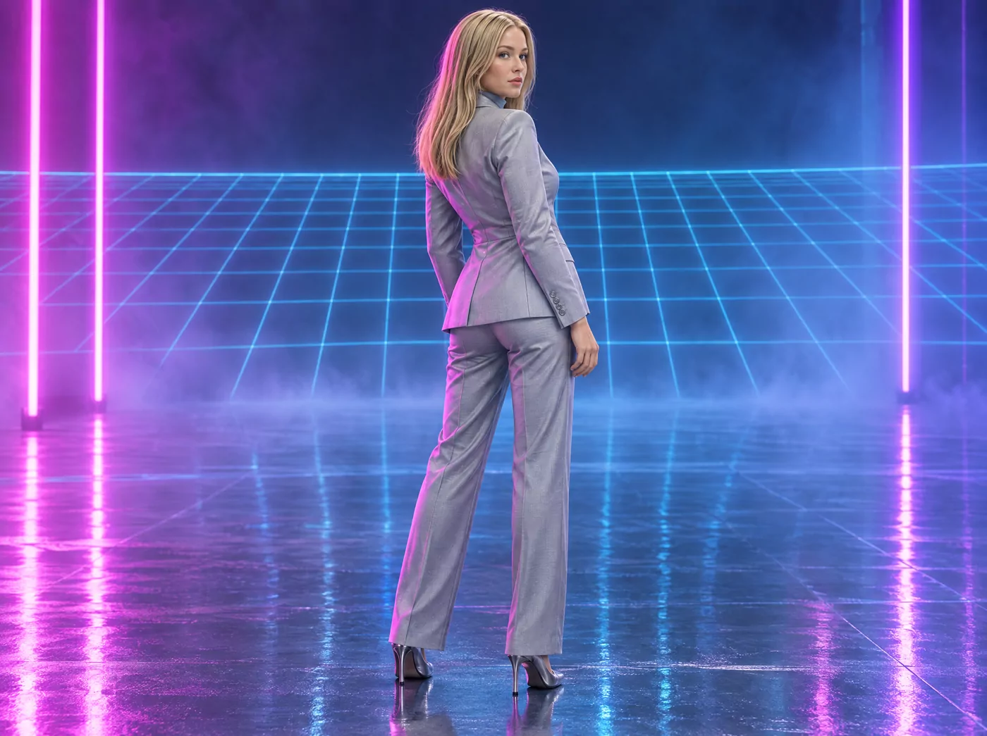OUTRUN — THE NEON LINE, 172 cm — three-quarter back against the horizon grid, frame 2 of 6