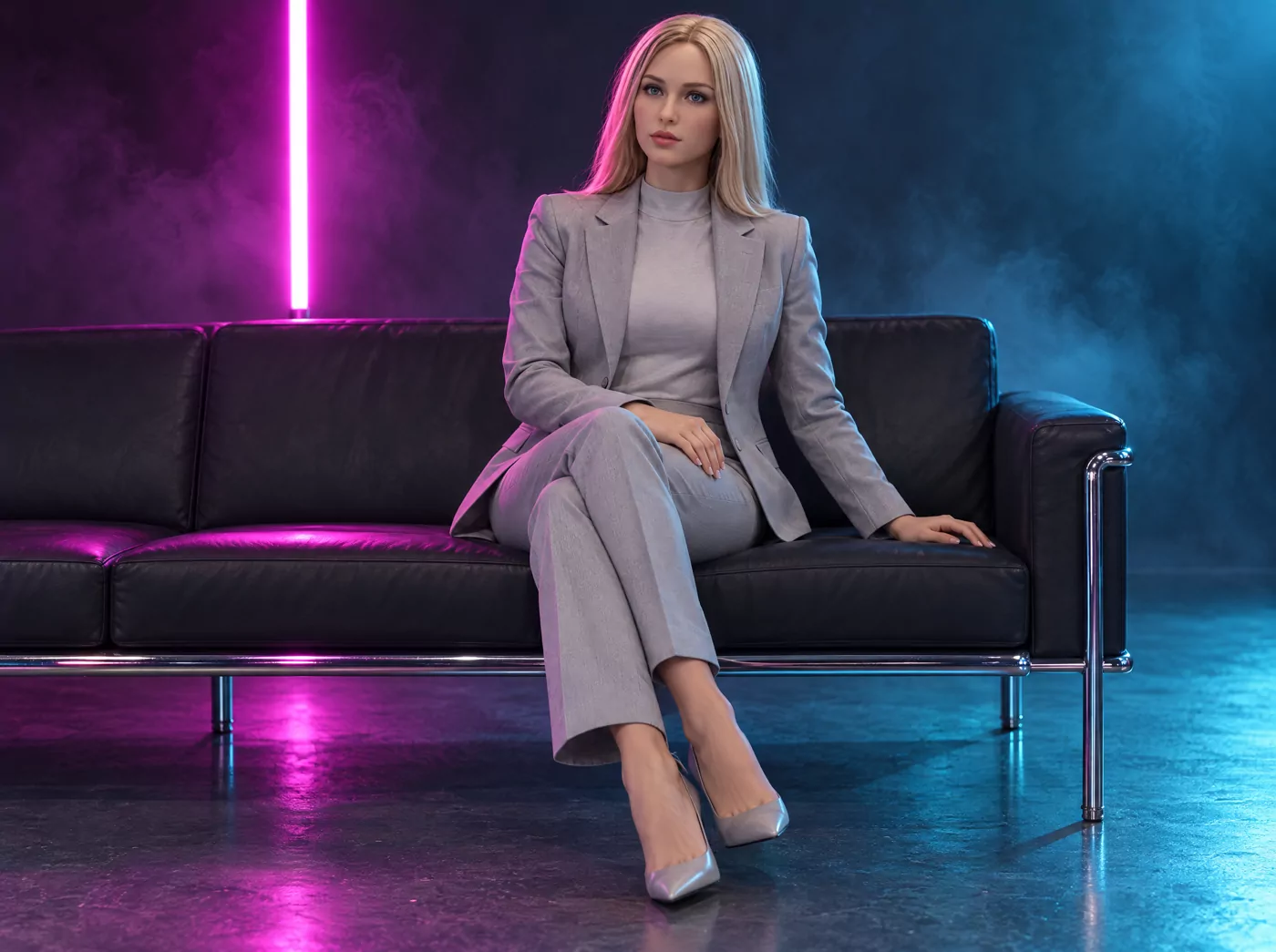 OUTRUN — THE NEON LINE, 172 cm — seated on the neon settee, frame 4 of 6
