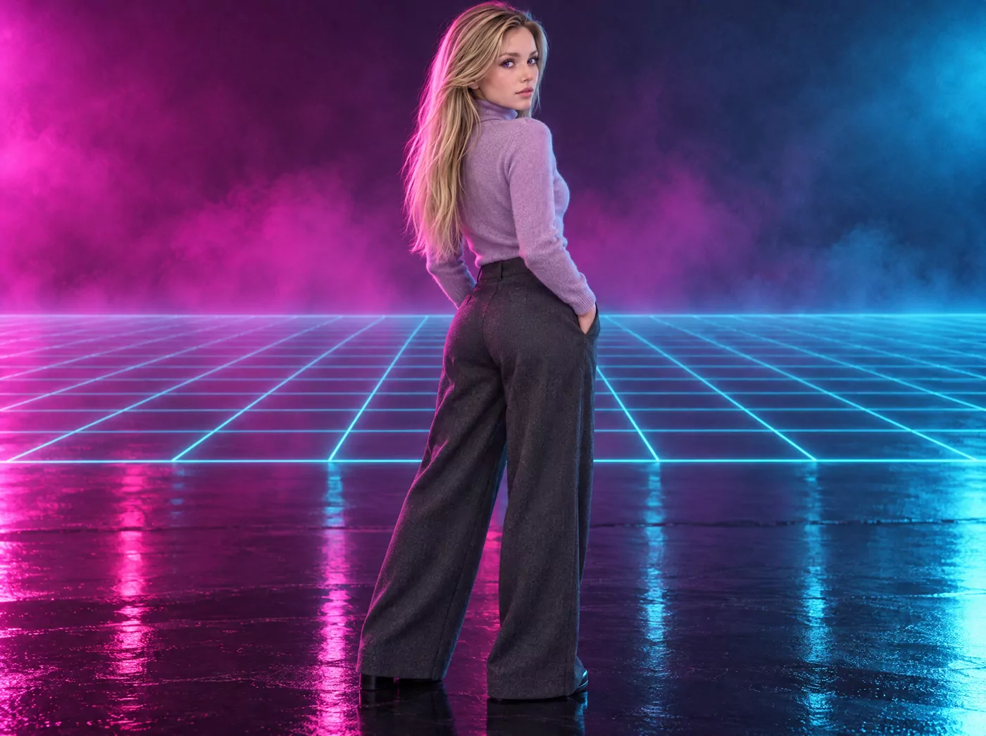 SYNTHWAVE — THE NEON LINE, 152 cm — three-quarter back against the horizon grid, frame 2 of 6